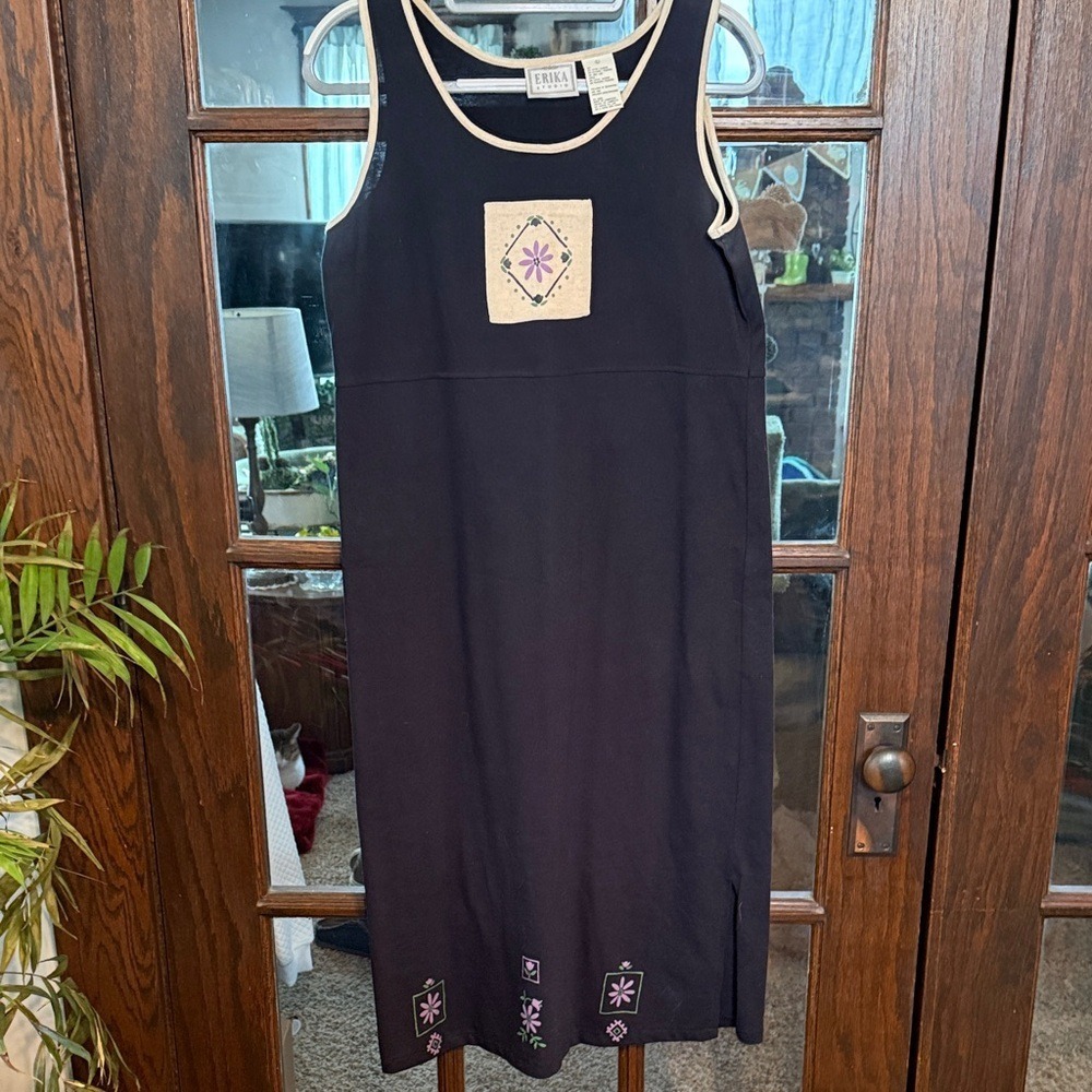 Erika Studio‎ Womens Navy Blue Floral Embroidered Sleeveless Midi Tank Dress L